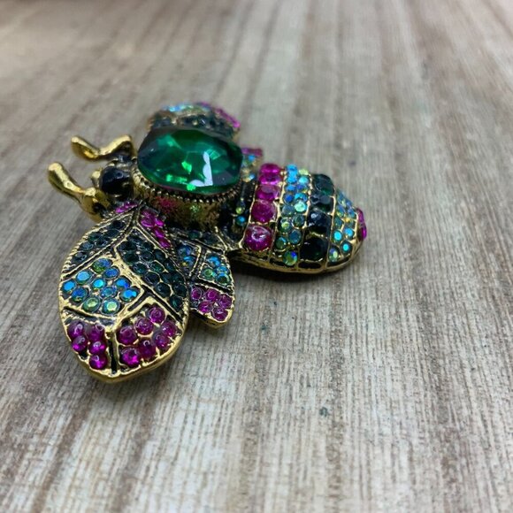 Bubble Bee Insect Green Pink Crystal Gold Tone Brooch - Picture 4 of 7